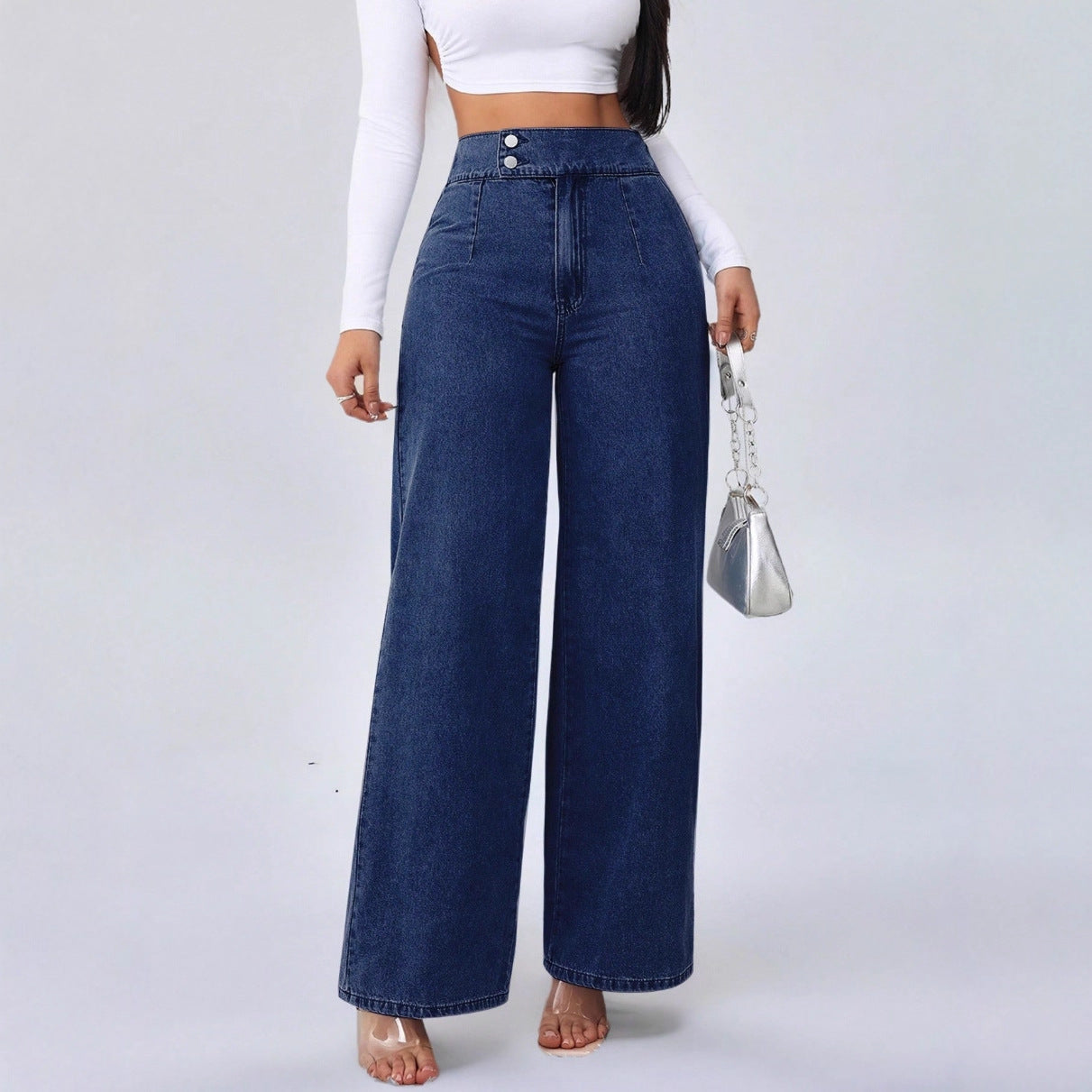 Straight Leg Loose Fit High Waist Jeans - Dark Blue