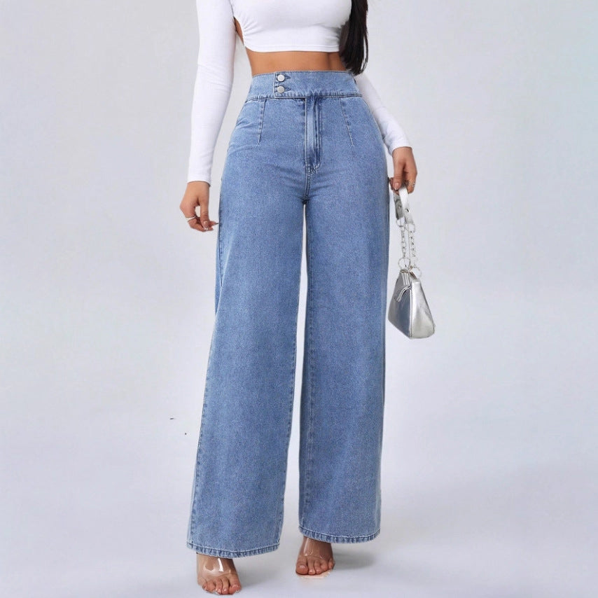 Straight Leg Loose Fit High Waist Jeans - Light Blue
