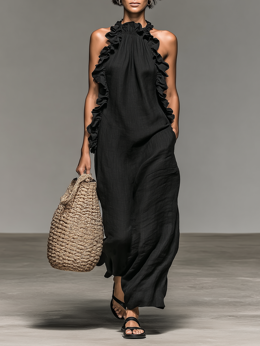 Minimalist Linen-Blend Sleeveless Maxi Dress with Ruffle Details